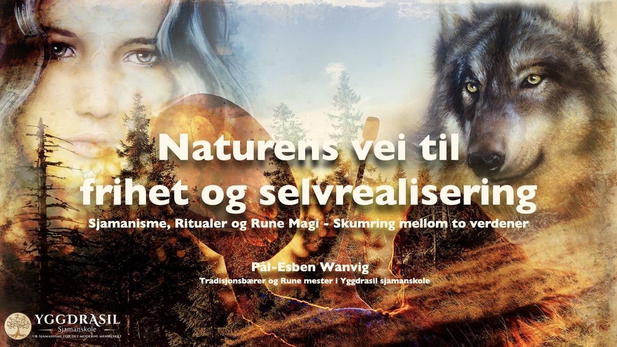 Kursomslaget til Naturens vei til frihet og selvrealisering med skog, tromme og ulv.