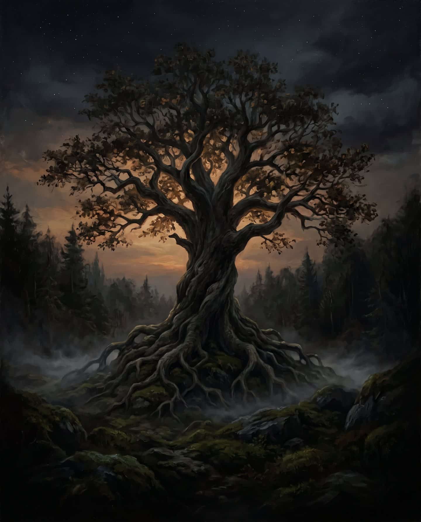 Maleri av verdenstreet Yggdrasil med krone og røtter mot en skumringshimmel.
