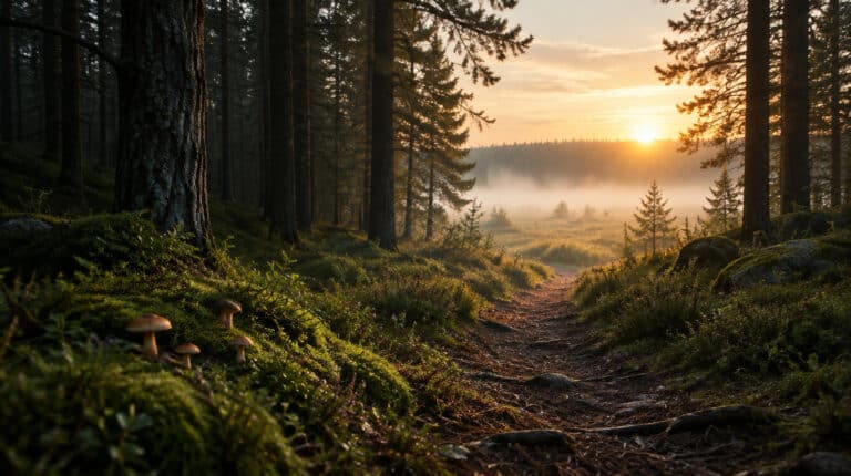 En skogssti med mose og små sopper, og morgensola gjennom tåka mellom trærne.
