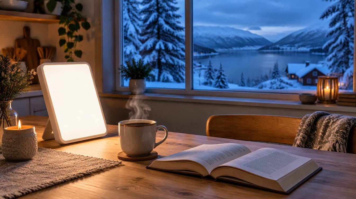 En lysterapilampe på et kjøkkenbord med en kopp te og en åpen bok, foran et vindu mot en snødekt fjord.