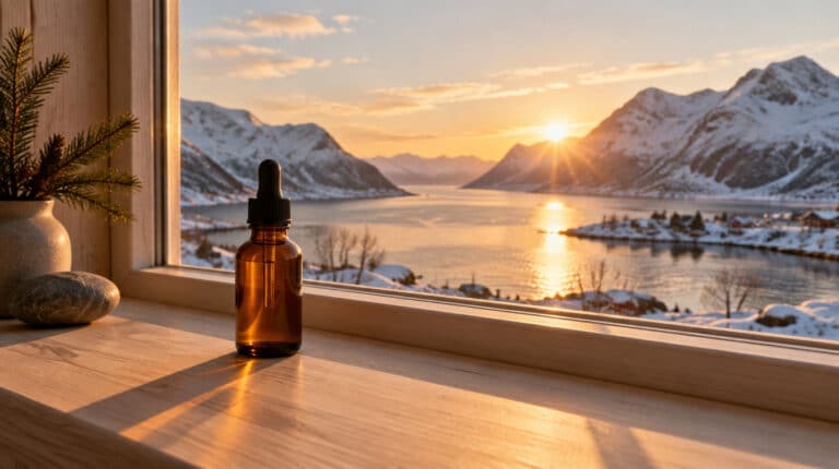 En liten brun dråpeflaske i vinduskarmen, med vintersol over en fjord og snødekte fjell.