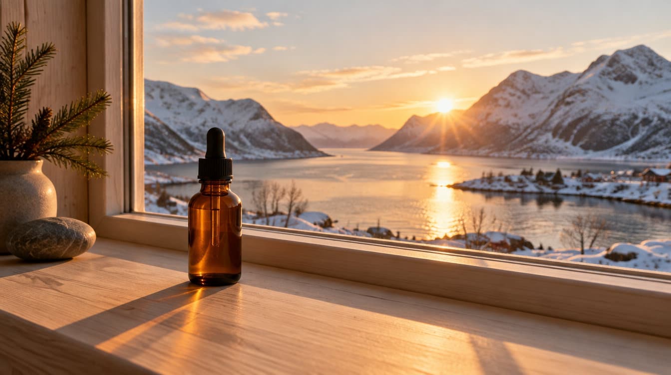 En liten brun dråpeflaske i vinduskarmen, med vintersol over en fjord og snødekte fjell.