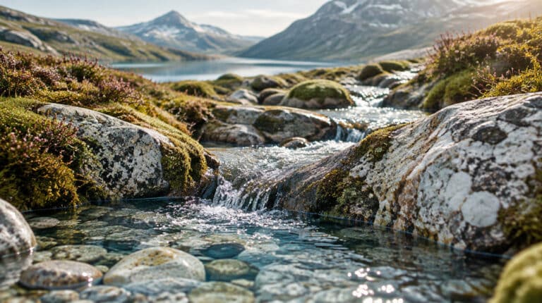 En klar bekk som renner over lyse steiner, med lyng og fjell i bakgrunnen.